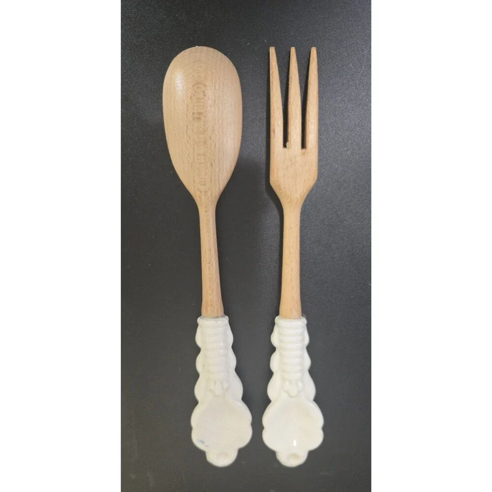 Italian Style Hand Painted Ceramic Salad Servers Wood